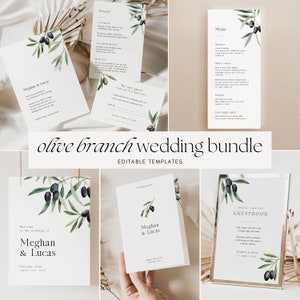 May include: Olive branch wedding invitation bundle with editable templates. The invitation features a watercolor illustration of olive branches with black olives. The text on the invitation reads "Welcome to the wedding of Meghan & Lucas, Tuscany, Italy, August 12th, 2023".