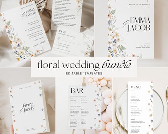 Printable Wedding Invitation Template Bundle, Watercolor Wildflower Invitation Suite, Edit in Corjl