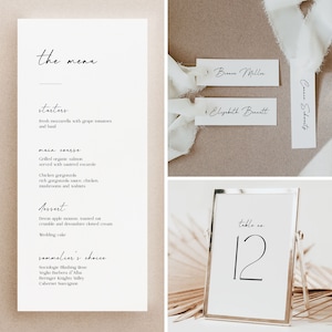 Pacchetto di apparecchiatura per tavoli da matrimonio con font calligrafico, modelli di numeri di tavolo per segnaposto per menù di cene moderne, suite stampabile, modifica in Corjl