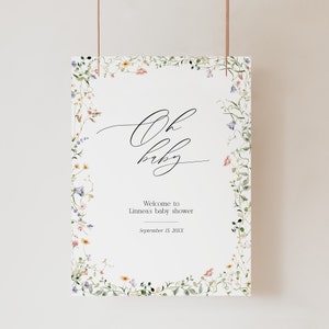 Modello moderno per cartello di benvenuto per baby shower con fiori di campo, Elegante cartello di benvenuto floreale, Stampabile e modificabile, Modifica in Corjl