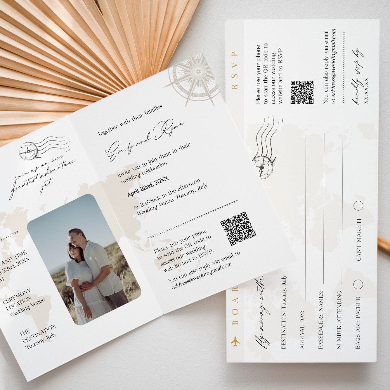 Passport wedding invitation template suite in beige
