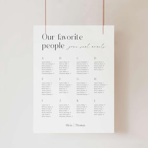 Alfabetische kaartsjabloon bruiloft zitplaatsen grafiek, minimalistische DIY bruiloft receptie stoel plattegrond, afdrukbaar, instant download