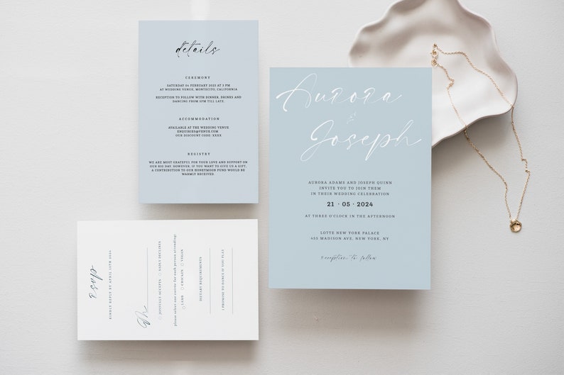 Light blue wedding invitation template suite Modern dusty blue wedding invite bundle Editable printable Instant download image 1