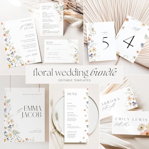 Wildflower Wedding Invitation Template Suite, Spring Wedding Invite Set