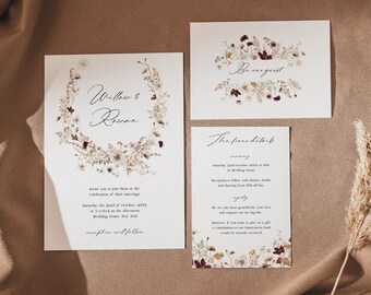 Floral Wedding Invitation Suite Template, Autumnal Printable DIY Wedding Invite Set, Instant Download