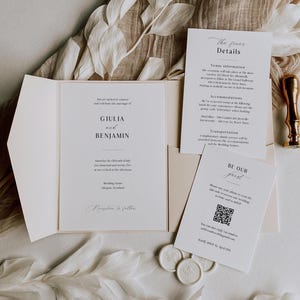 Plantillas de invitación de boda con bolsillo imprimibles y código QR, paquete de invitaciones minimalistas, conjunto de invitaciones editables DIY, edición en Corjl