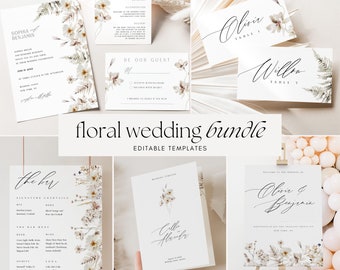 Printable Floral Wedding Invitation Template Bundle, White Flower Invite Suite with Calligraphy, Edit in Corjl