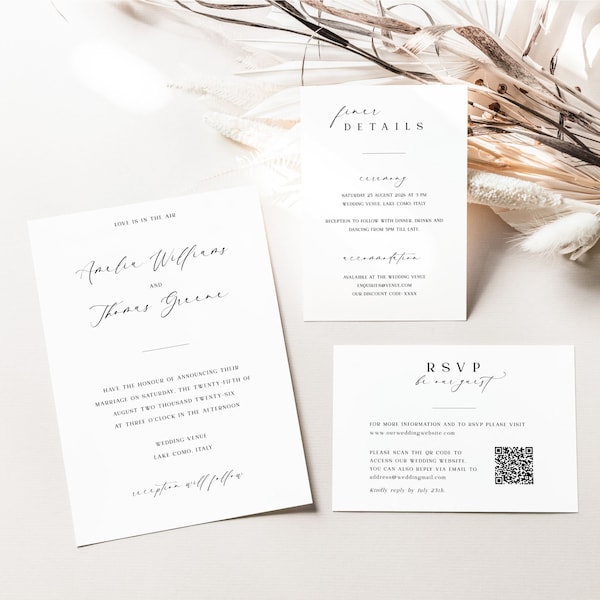 Calligraphy Wedding Invitation Template Suite with QR Code RSVP