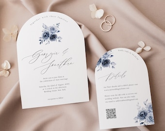 Vintage Arch Wedding Invitation Template Suite with QR code, Boho Dusty Blue Floral Arch Invitation Set, Printable and editable