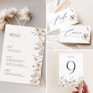 Printable Floral Wedding Menu Bundle, Modern Wedding Table Setting Set, Simple Dinner Menu with White Wildflowers, Edit in Corjl