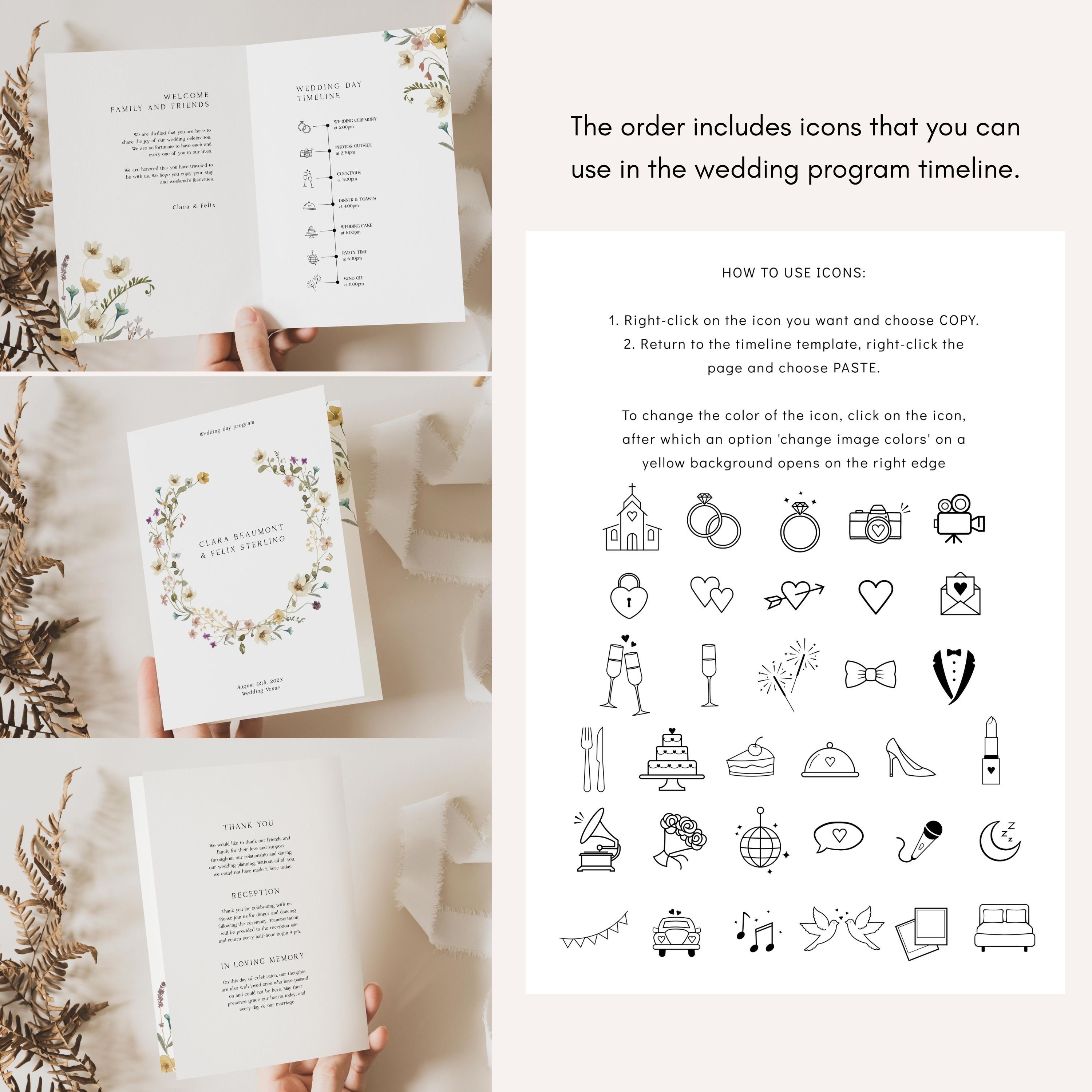 Floral Wedding Program Template, Modern Order of Service With Flower ...