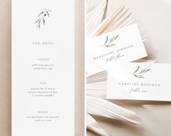Menú de boda minimalista y plantilla de tarjeta de lugar con ramas de olivo, menú con vegetación editable e imprimible y conjunto de tarjetas de lugar.