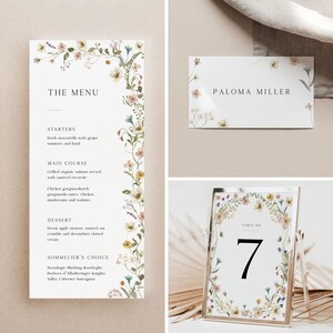 Paquete de plantillas para mesas de boda con flores vintage, menú floral moderno para cena, tarjeta de ubicación y número de mesa, editado en Corjl