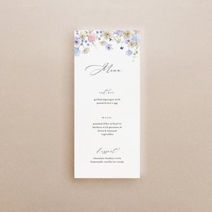 Floral Dinner Menu Template in Light Blue, Blue Wildflower Wedding Menu Template with Calligraphy Font, Modern Garden Wedding Menu Template