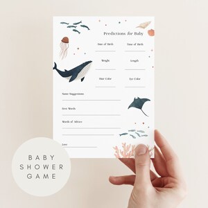 Jeu imprimable de prédictions et de conseils pour baby shower avec des animaux de l'océan, jeux de baby shower, souhaits des futurs parents, modèle pour bébé