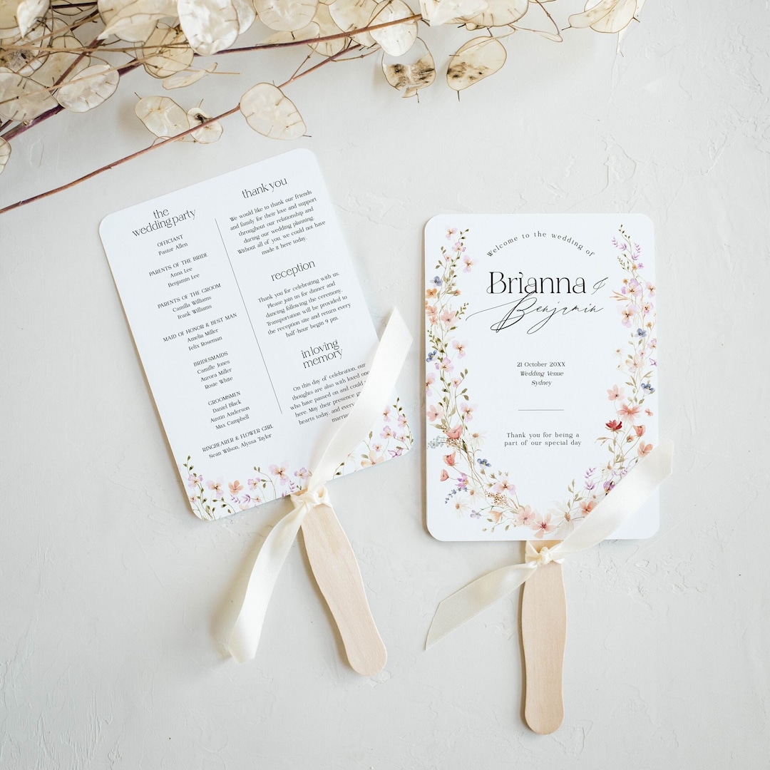 Floral Wedding Program Fan Template, Minimalist Wildflower Order of ...