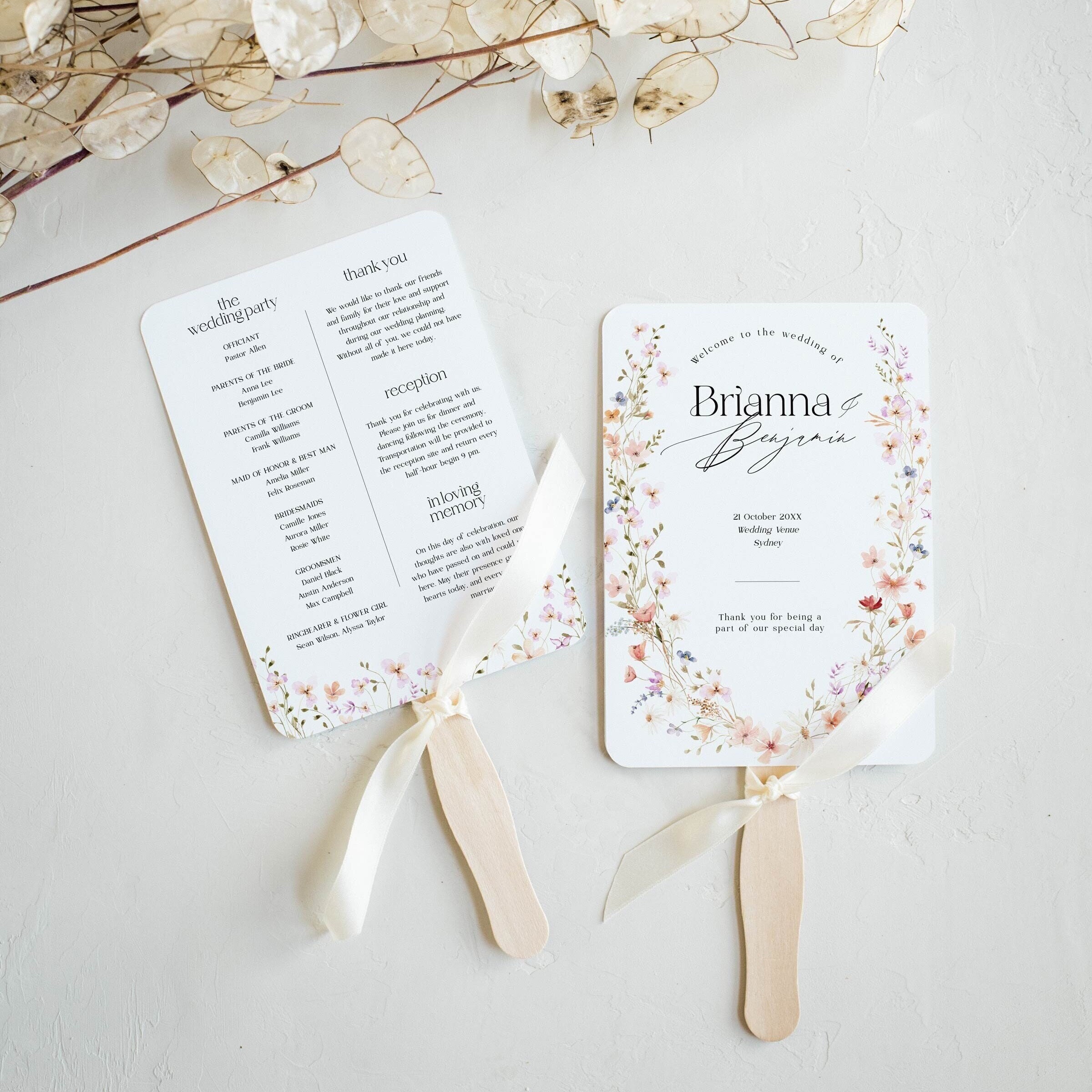 Floral Wedding Program Fan Template, Minimalist Wildflower Order of Events, Editable Program, Printable Ceremony Fan, Corjl Instant Download