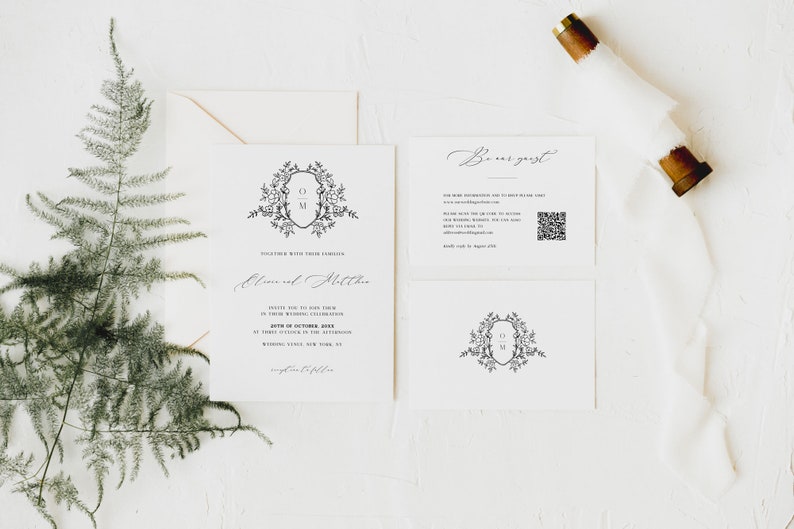 Elegant Wedding Invitation Template Suite with Floral Wedding Crest, Modern Wedding Printables image 4