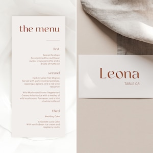 Tarjeta de menú de boda ruborizada con plantilla de tarjeta de lugar Tarjeta de menú de cena bohemia en rosa polvoriento y terracota imprimible Descarga instantánea