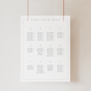 Minimalistische bruiloft zitplaatsen grafieksjabloon, alfabetisch modern bewerkbare elegante stoel kaart, instant download