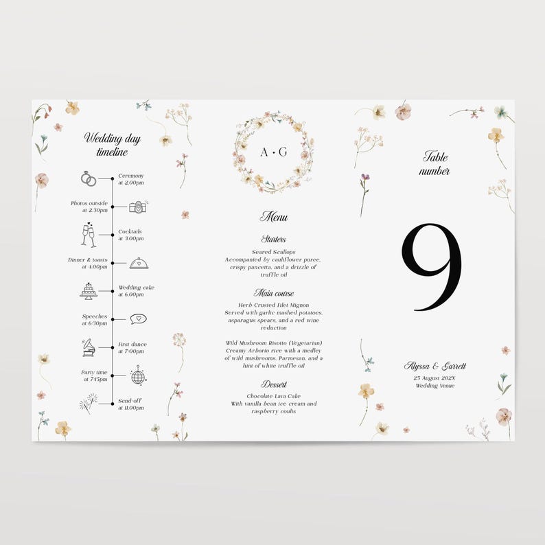 Printable Trifold Table Sign Template With Flowers, Minimalist Folded ...