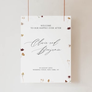 Floral wedding welcome sign template with fall flowers, Reception signage with autumn watercolor wildflowers, Printable editable