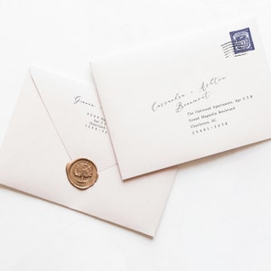 May include: A white envelope with a gold wax seal and a handwritten address. The address is for Cassandra Ashton Beaumont at The Oakwood Apartments, Apt 238, Grand Magnolia Boulevard, Charleston, SC 29401-5678.