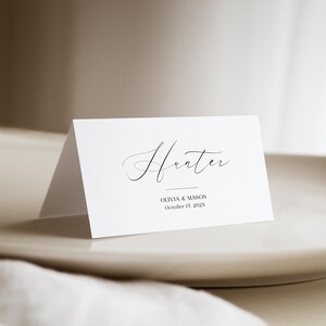 Printable Place Card Template with Calligraphy Font, Elegant Folded Wedding Name Card, Classic place cards, Edit in Corjl