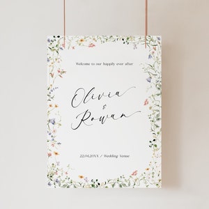 Floral Wedding Welcome Sign Template, Romantic Reception Welcome Signage with Watercolor Wildflowers