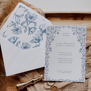 Modello stampabile per invito e fodera per busta, fodera per busta e invito per matrimonio con motivo floreale blu vintage, set per matrimonio in stile vittoriano