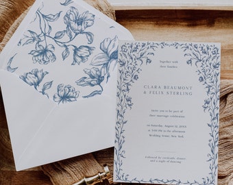 Printable Invitation and Envelope Liner Template, Vintage Floral Blue Wedding Envelope Liner and Invite, Victorian Style Wedding Set