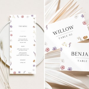 Tarjeta de menú de boda floral con plantilla de tarjeta de lugar, tarjeta de menú de cena de flores de acuarela moderna y elegante imprimible Descarga instantánea