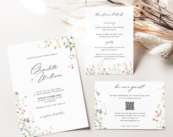 Wild Flower Wedding Invitation Suite Template, Invite Set with Watercolor Flowers