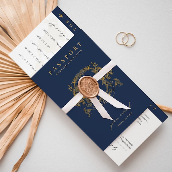 Passport Wedding Invitation Template, Printable Navy Blue Boarding Pass Wedding Invite, Travel Wedding Templates, Editable