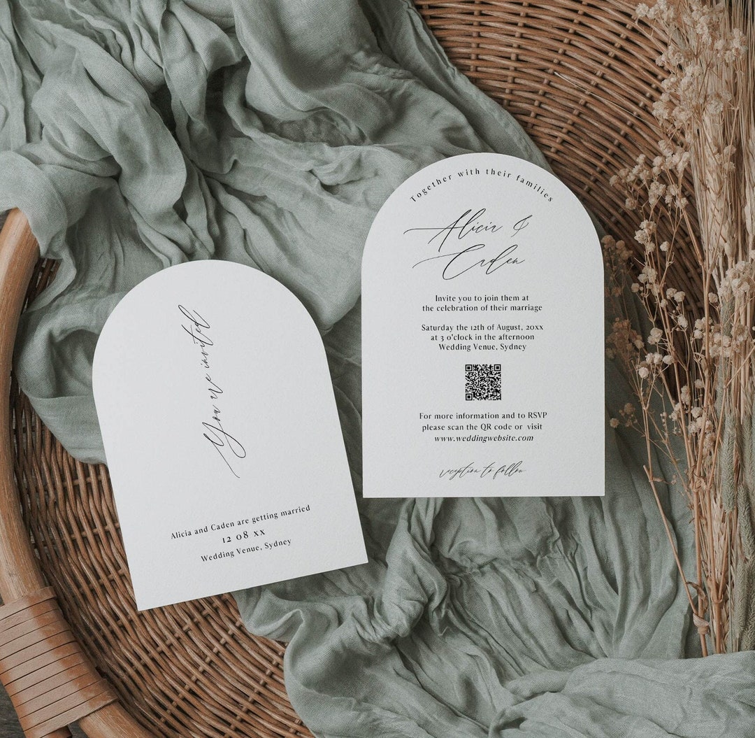 Simple Boho Arch Wedding Invitation Template With QR Code, Elegant ...