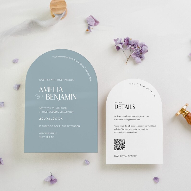 Arch Wedding Invitation Template Suite With QR Code, Dusty Blue Arch ...