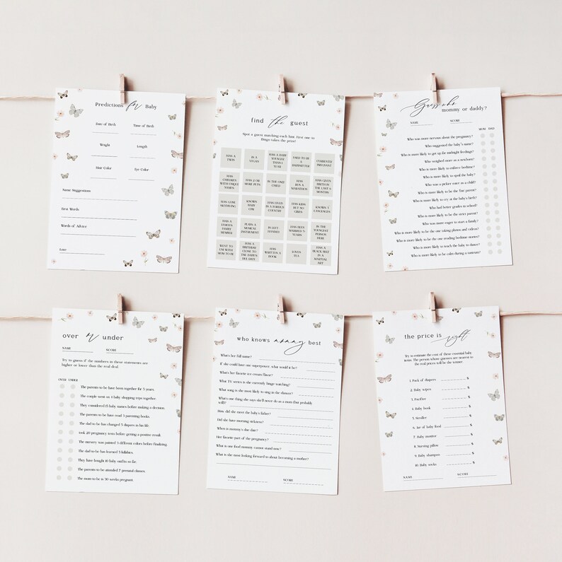 Printable Butterfly Baby Shower Game Bundle, Best Baby Shower Games
