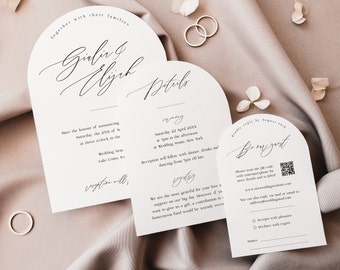 Printable Arch Wedding Invitation Template Suite with QR code, Minimalist Boho Arch Invitation Set with Calligraphy Font, Edit in Corjl