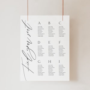 Afdrukbare sjabloon voor bruiloftszitplaatsen met kalligrafielettertype, minimalistische elegante DIY bewerkbare plattegrond van de receptie, direct downloaden