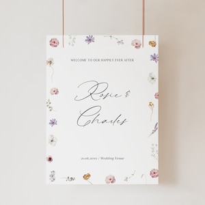 Floral wedding welcome sign template Reception signage with watercolor wildflowers Printable editable Instant download