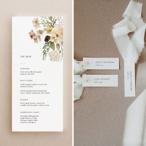 Tarjeta de menú floral imprimible con plantilla de tarjeta de lugar delgada, menú de cena de boda con flores de acuarela modernas y elegantes con tarjetas de lugar estrechas
