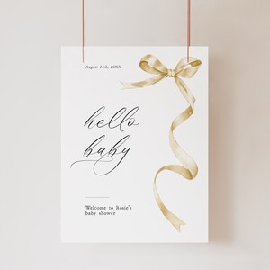 Plantilla moderna de letrero de bienvenida para baby shower con lazo amarillo. Letrero de bienvenida minimalista en amarillo claro. Imprimible y editable. Editar en Corjl.