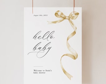Moderne Babyparty-Willkommensschild-Vorlage mit gelber Schleife, minimalistische hellgelbe Willkommensbeschilderung, bedruckbar bearbeitbar, in Corjl bearbeiten