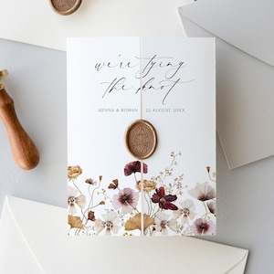 Printable Gatefold Wedding Invitation Template with QR code and Autumn Flowers, Floral Trifold Wedding Invite, Edit in Corjl