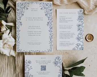 Printable Vintage Wedding Invitation Suite Template with QR code, Elegant Blue Invite Set with Victorian Flowers, Edit in Corjl