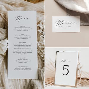 Plantillas de caligrafía imprimibles para mesas de boda, paquete con menú, tarjeta de lugar y número de mesa, edición en Corjl.