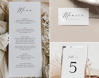 Printable Calligraphy Wedding Table Setting Template Set, Table Setting Bundle with Menu, Place card & Table number, Edit in Corjl