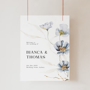 Floral wedding welcome sign template with blue flowers, Reception signage with elegant watercolor wildflowers, Printable editable