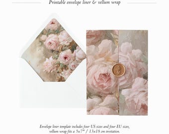 Printable Rose Envelope Liner and Vellum wrap Template, Vintage Rose Wedding Envelope Liner and Vellum jacket, Fine Art Floral Liner & Wrap