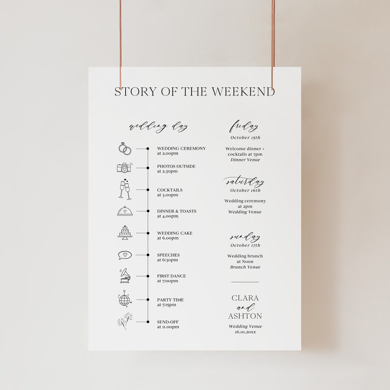 Modern Wedding Timeline Template with Icons, Printable DIY Order of Events Signage, Instant Download image 1